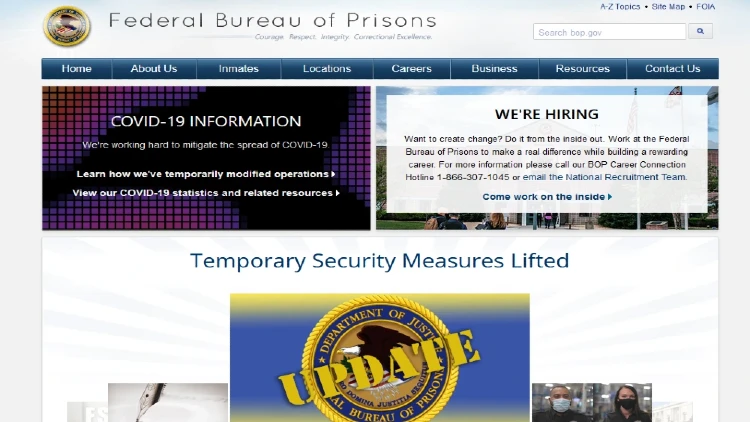 Screenshot of the Federal Bureau of Prisons website.