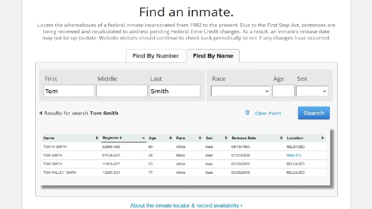 Name search for inmates screenshot. 