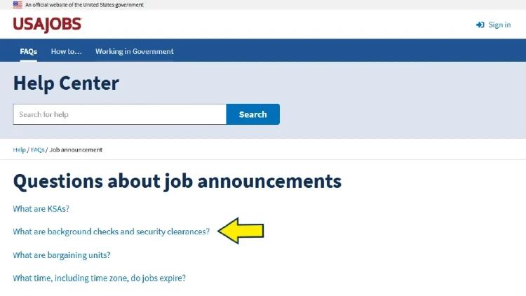 Nervous about background check for government jobs, help center USA jobs screenshot.