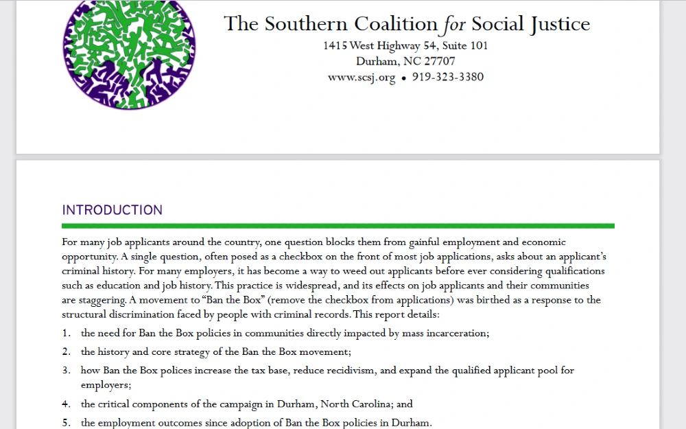 Screenshot of the Southern Coalition for Social Justice, outlining ban the box laws which have been applied in California. 