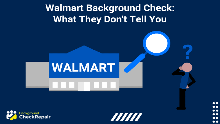 Graphic drawing of a Walmart supercenter in the background, with a man on the right who wants a job to work at Walmart questioning what is involved in the Walmart background check process.