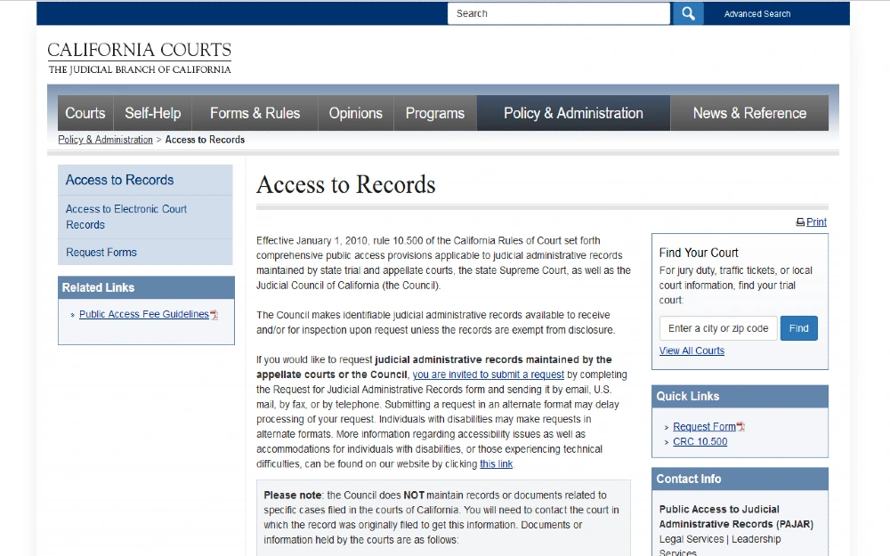 Judicial Branch of California screenshot for how to access public records. 