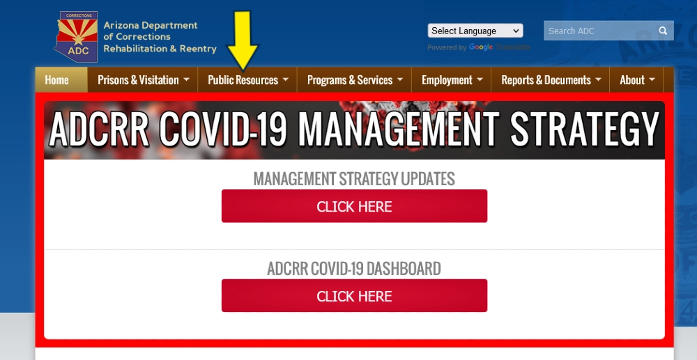 Arizona department of corrections screenshot with yellow arrow pointing to public resources that can be used for inmate lookup in Arizona. 