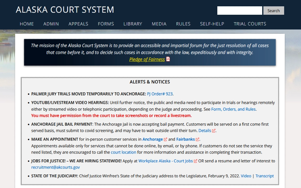 Screenshot of Alaska Court System website alterts and notices. 