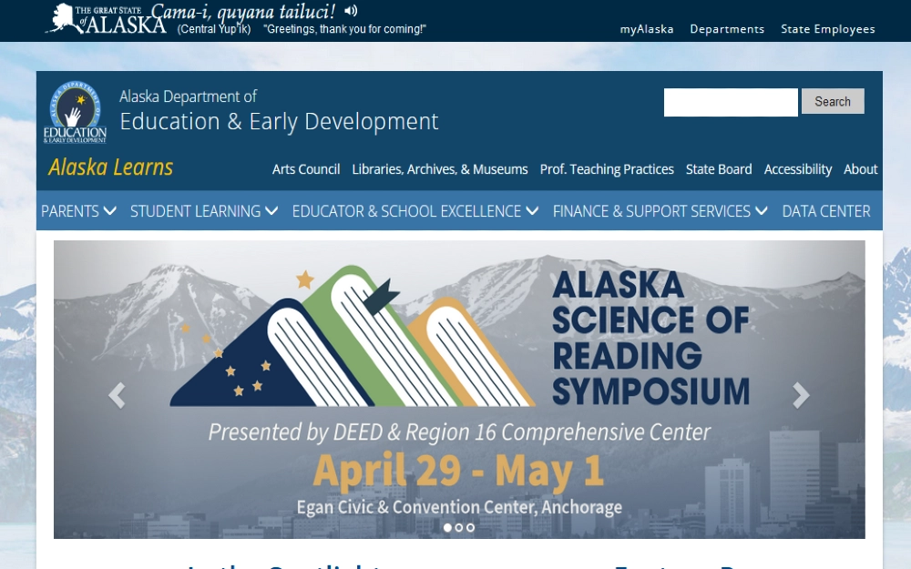 Alaska education and early development website screenshot. 