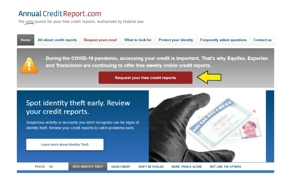 Screenshot of Annual Credit report authorized by federal law. 