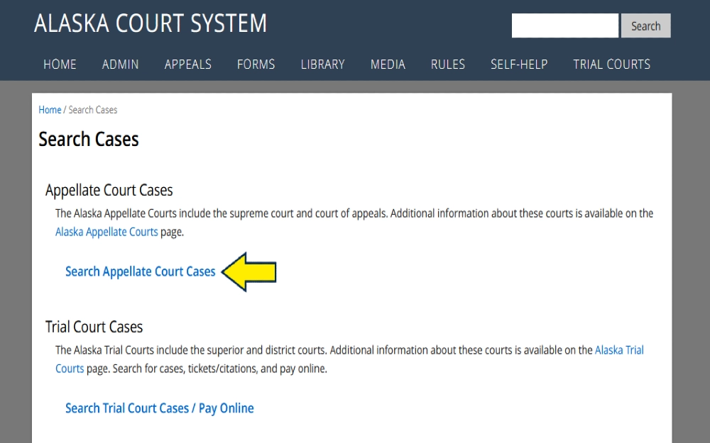Alaska court system screenshot showing how to search public records for appellate court cases and trial court cases and how to apy for a background check alaska online. 