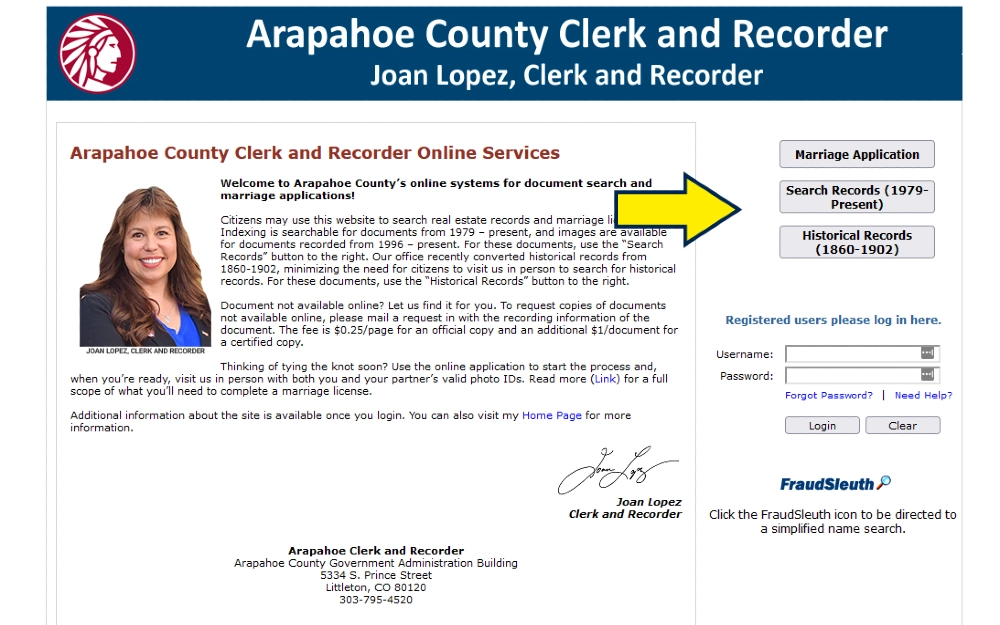 Arapaho County Clerk website with yellow arrow pointing to search records from 1979 to present, which include CO public records for that county when doing a background check on yourself in CO. 