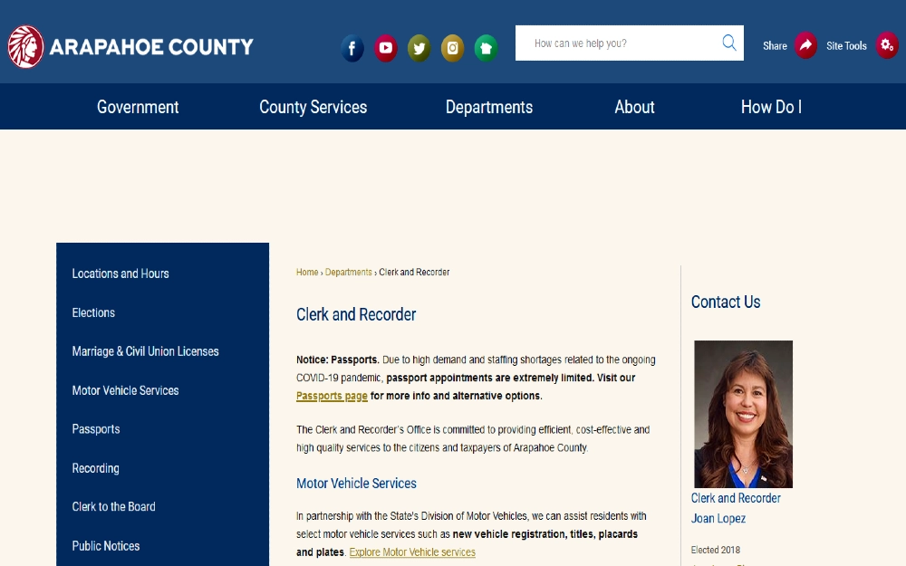 Arapaho County CO clerk and recorder website screenshot for doing a free background check coloradob public records searches at the local county level. 