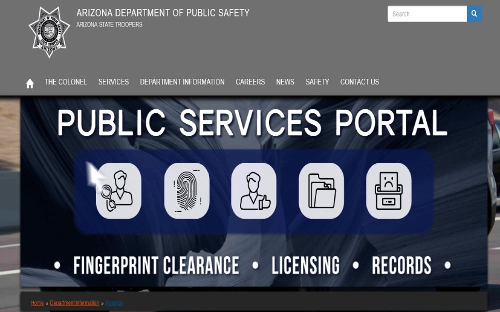 Arizona department of public safety screenshot used for Arizona criminal background check searches. 