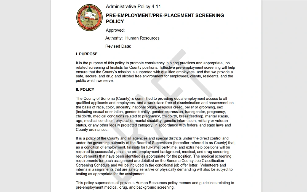 Screenshot of background sceening policy in Sonoma California. 