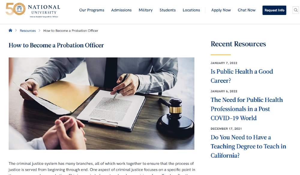 Screenshot of National University how to find a probation officer job. 