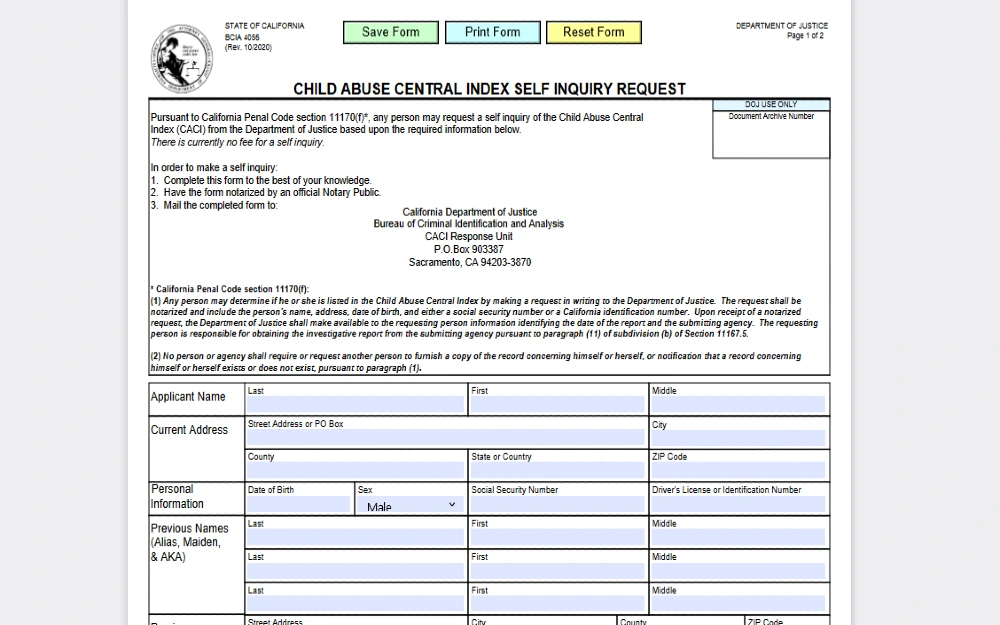 Screenshot of the California Child Abuse Central Index request form. 