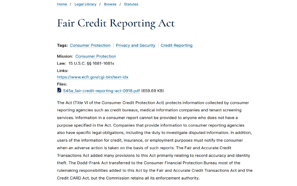 Screenshot of the Fair Credit Reporting Act website. 