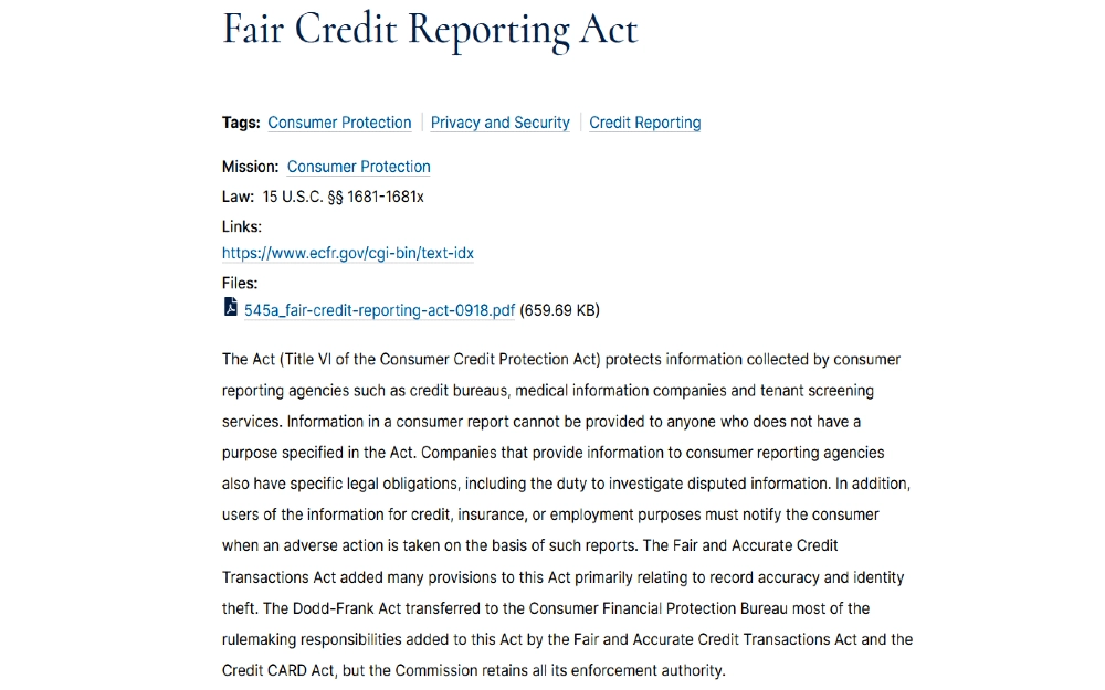 Fair Credit reporting Act law website screenshot. 