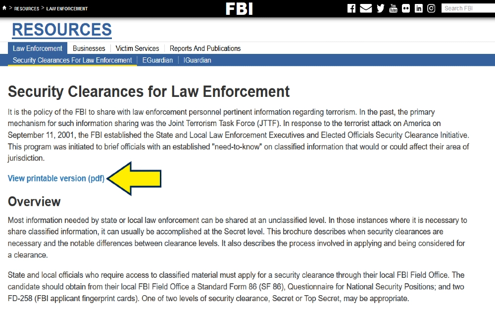 Screenshot of FBI resources page security clearances for law enforcement, used for some positions that require secret clearance background check processes. 