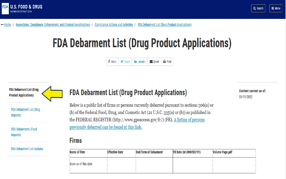 FDA Debarrment list screenshot for how far back do federal background checks go for employment