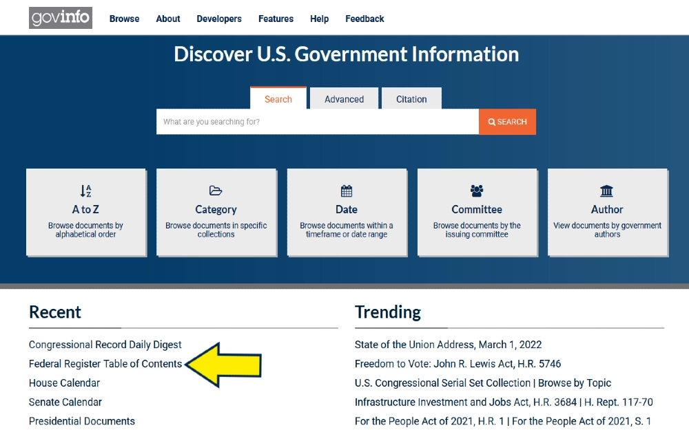 Screenshot of government information with yellow arrow pointing to the federal register tale of contents. 