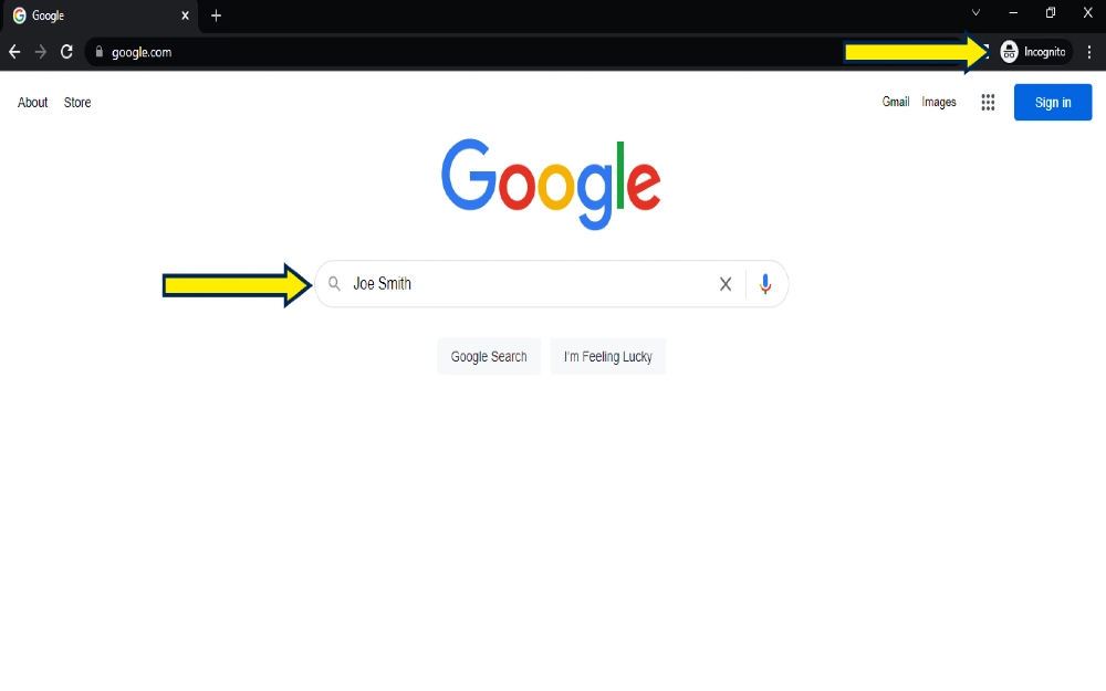 Screenshot of google search engine page with yellow arrow pointing to the name joe smith, as an example of how to do a social media background check on yourself. 