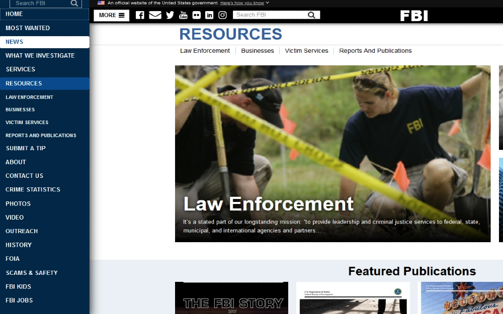 Screenshot of the FBI website home page. 