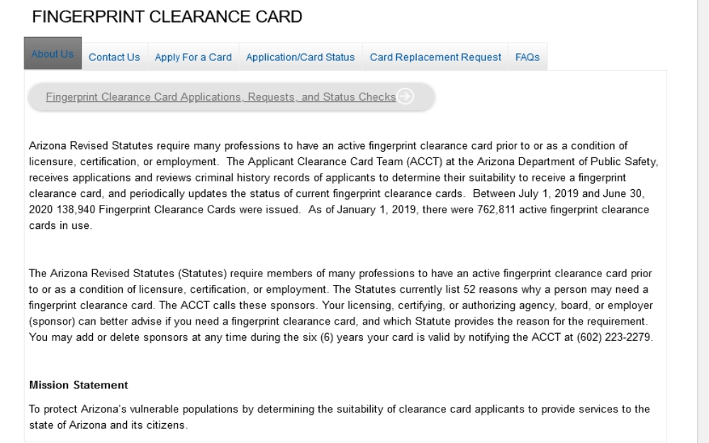 Fingerprint clearance card for pre-employment background check requests and applications in Arizona, used for government positions.