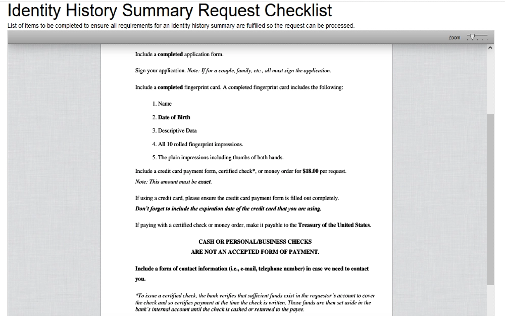 Identity History Summary request PDF form explaining how much you have to pay for a background check. 