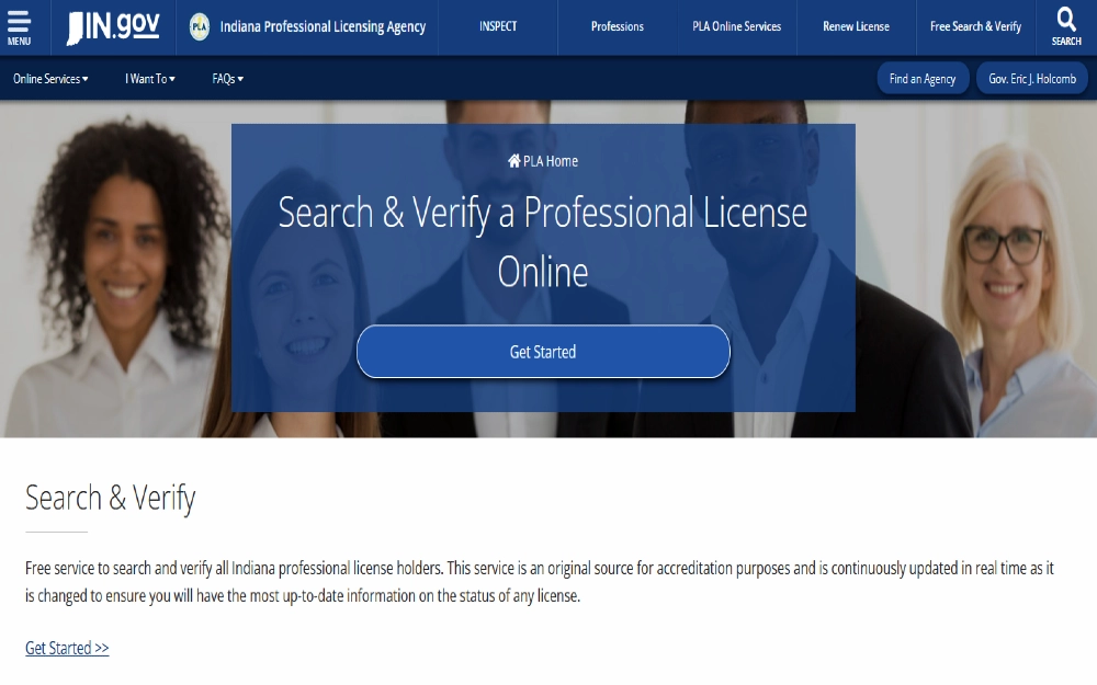 Professional license search and verification screenshot for IN