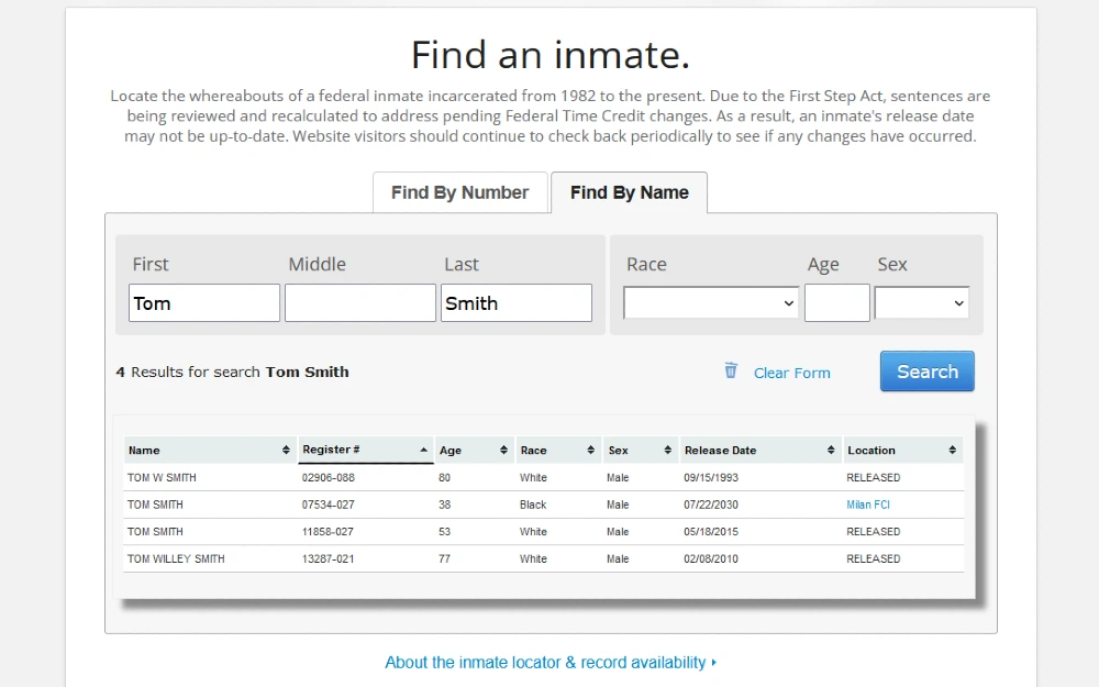 Name search for inmates screenshot. 