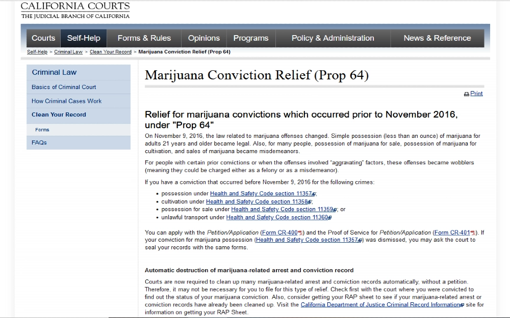 California courts website screenshot showing marijuana conviction relief laws related to how far back a background check can go in California. 