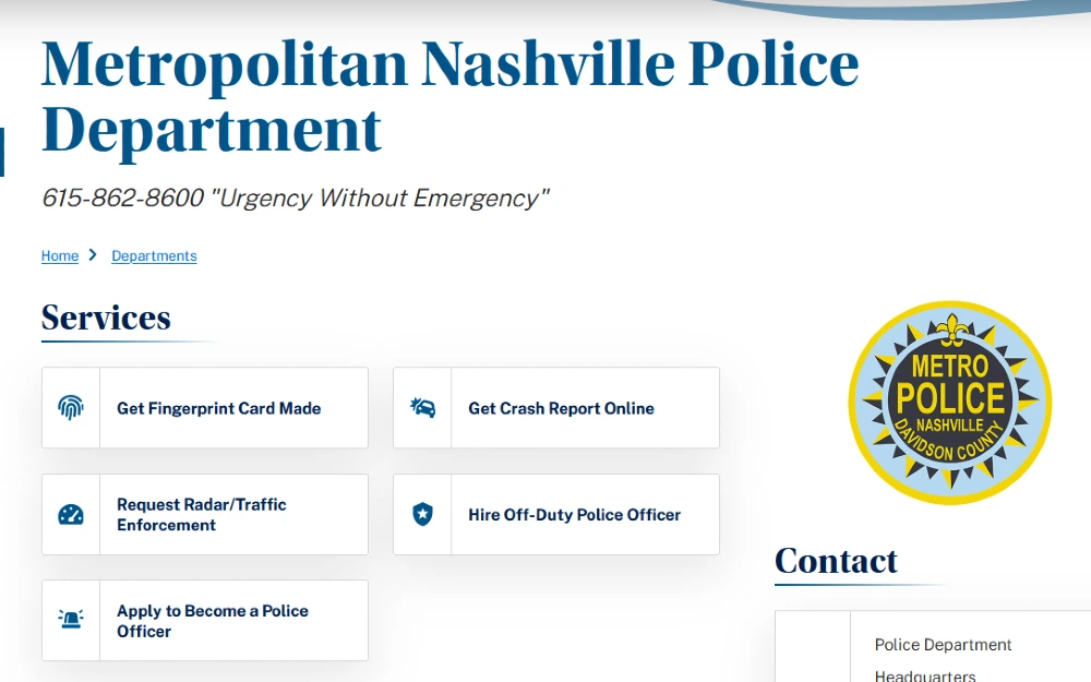 Screenshot of the Nashville Police Department webiste for finding charges. 