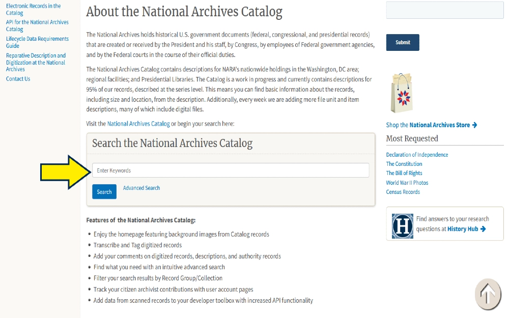 Screenshot how to search the national archives for old arrest records. 