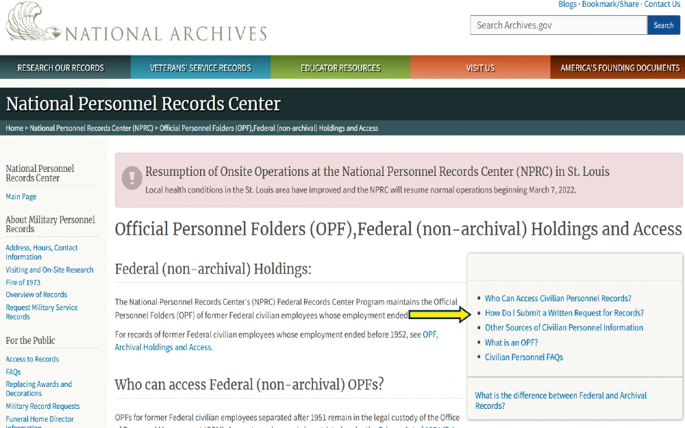 Screenshot for how to find someone's employment history suing the national archives. 