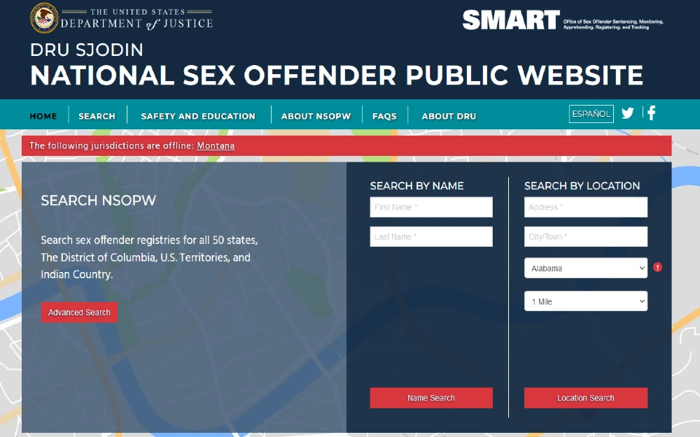National Sex offender website screenshot for child care background check and level 2 background checks