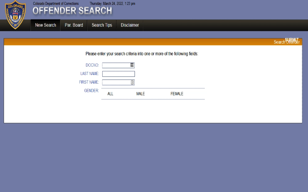 Colorado dept. of corrections inmate search screenshot which is often used as part of the colorado background check law for employment. 