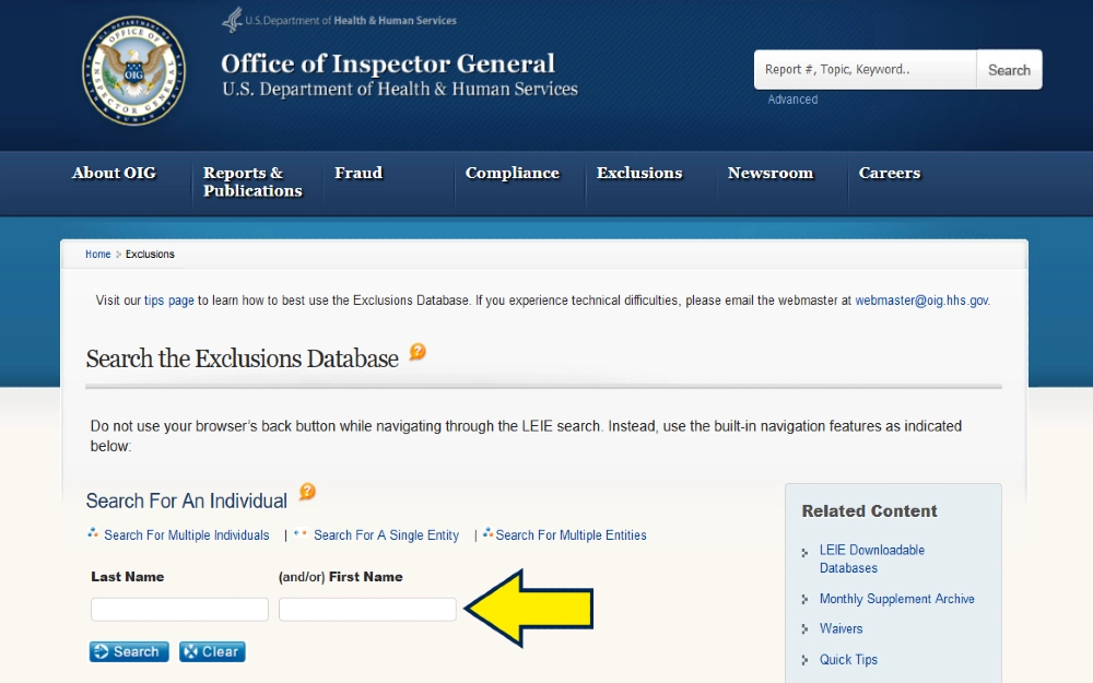 Office of Inspector General Exclusion Database screenshot