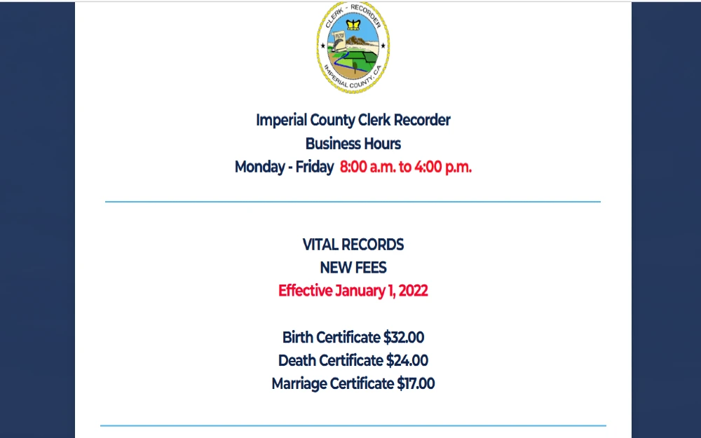Vital Records search and request screenshot Inperial county California. 
