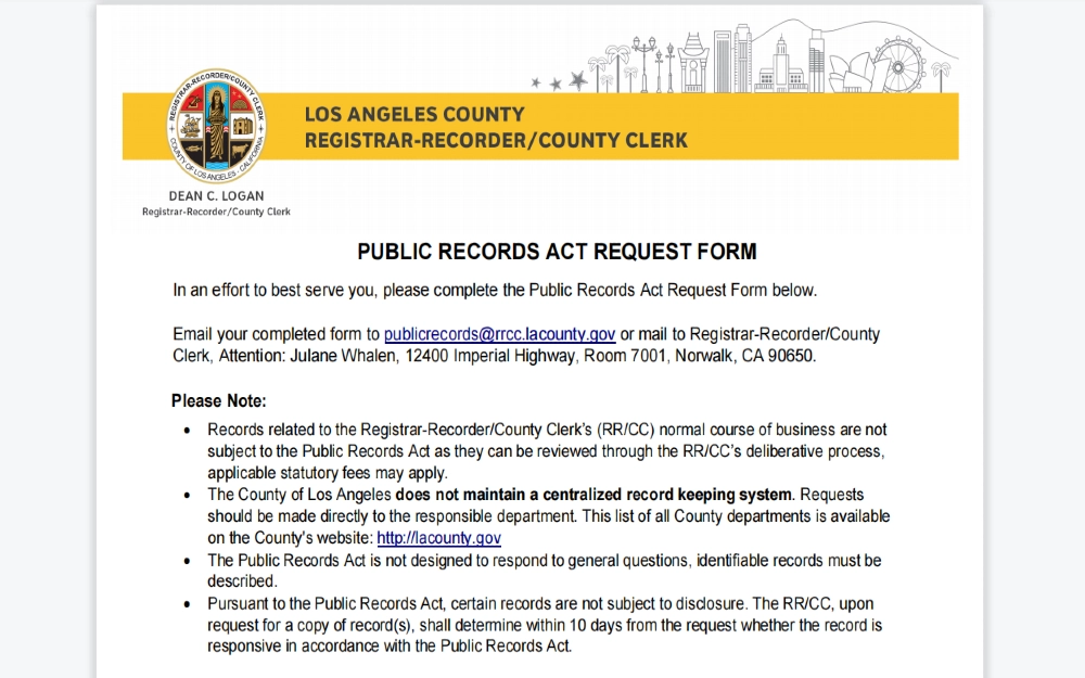 Public Records request form for Los Angeles county. 