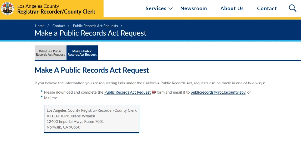 Screenshot of the Los Angeles County Registrar recorder/county clerk website. 