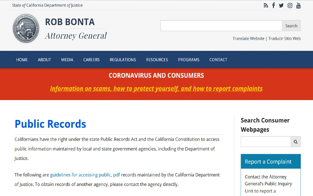Screenshot of California Attorney General website public records page. 