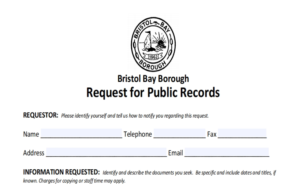 Bristol Bay Borough Request for Public Records request form for Alaska background checks. 