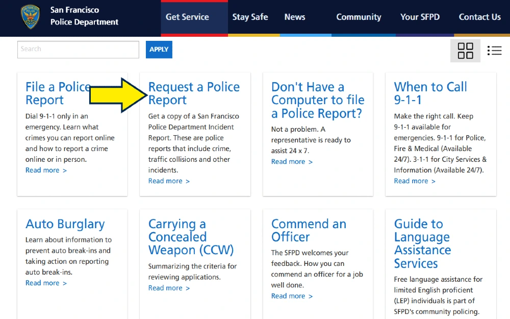 Screenshot of San Francisco state police department for requesting a police report. 