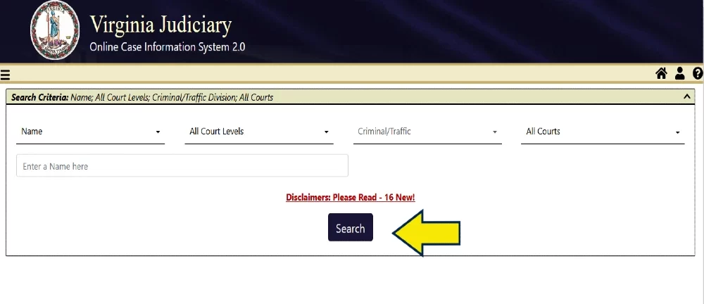 Screenhot of online case information Virginia judiciary website. 