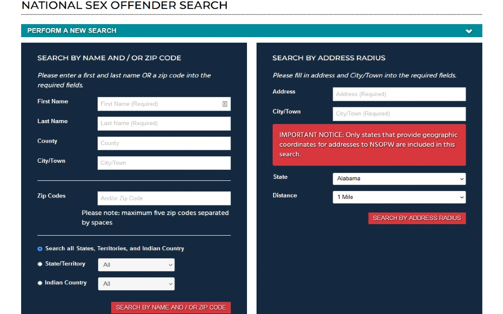National sex offender search page screenshot is part of a basic level 1 pre employment background check and what shows up on pre employment background check. 