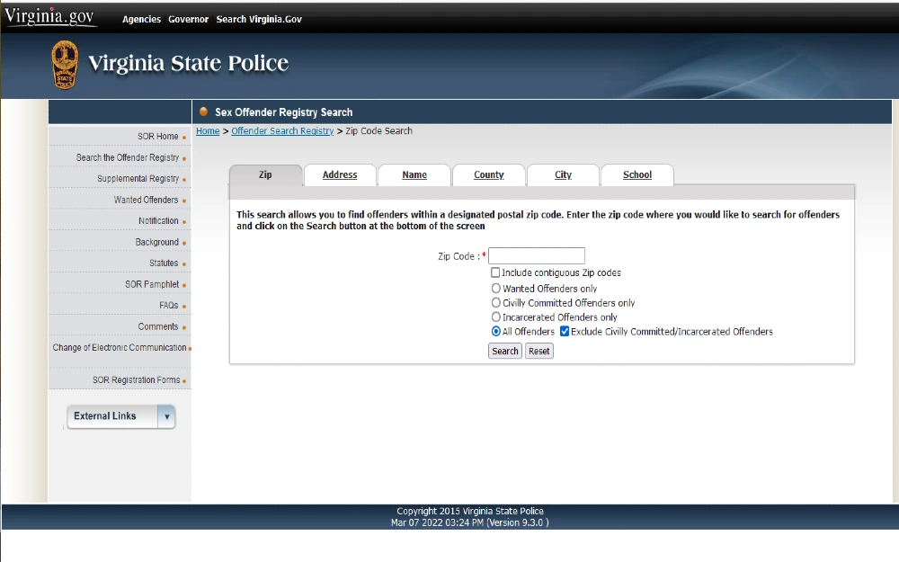 Screenshot of Virginia State Police sex offender registry. 