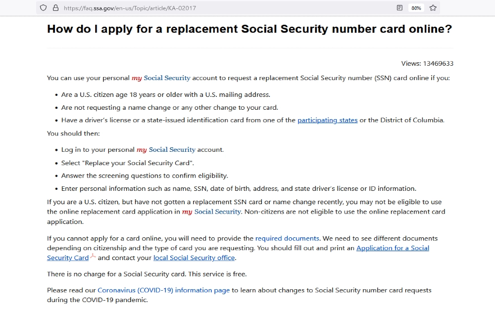 SSA screenshot for how to apply for a replacement ssn card online