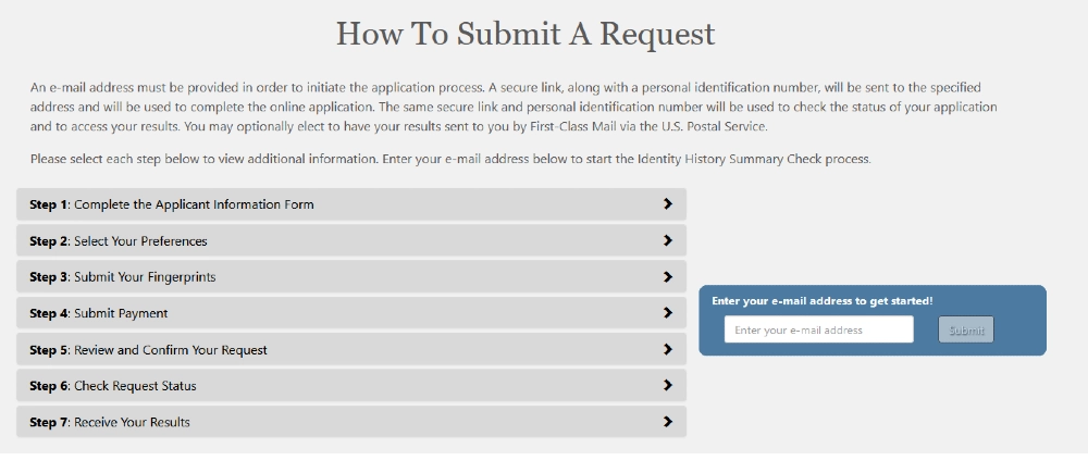 Screenshot of instructions for how to submit a background check on yourself. 