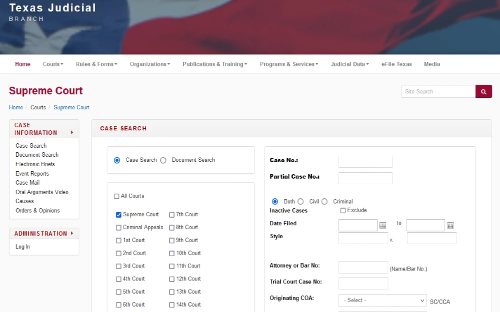 Texas Judicial branch court search, case lookup for online records searches. 