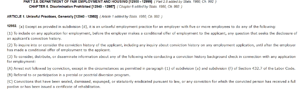 Screenshot of legal code for how far back does a criminal background check for charges on the fair employment and housing law. 