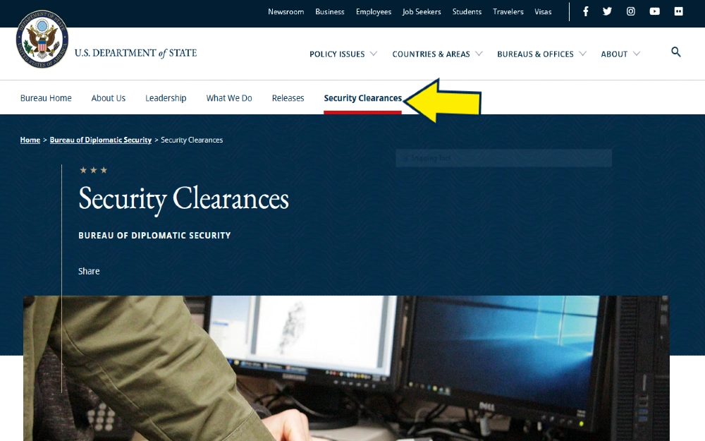Screenshot of State Department website with yellow arrow pointing to security clearances tool, often used in conjunctions with how to get DOD security clearance. 