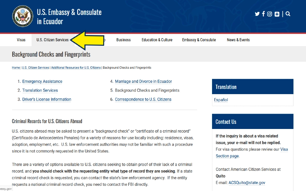 What is a background check for internationals, screenshot of the embassy and consulate in Ecudaor. 